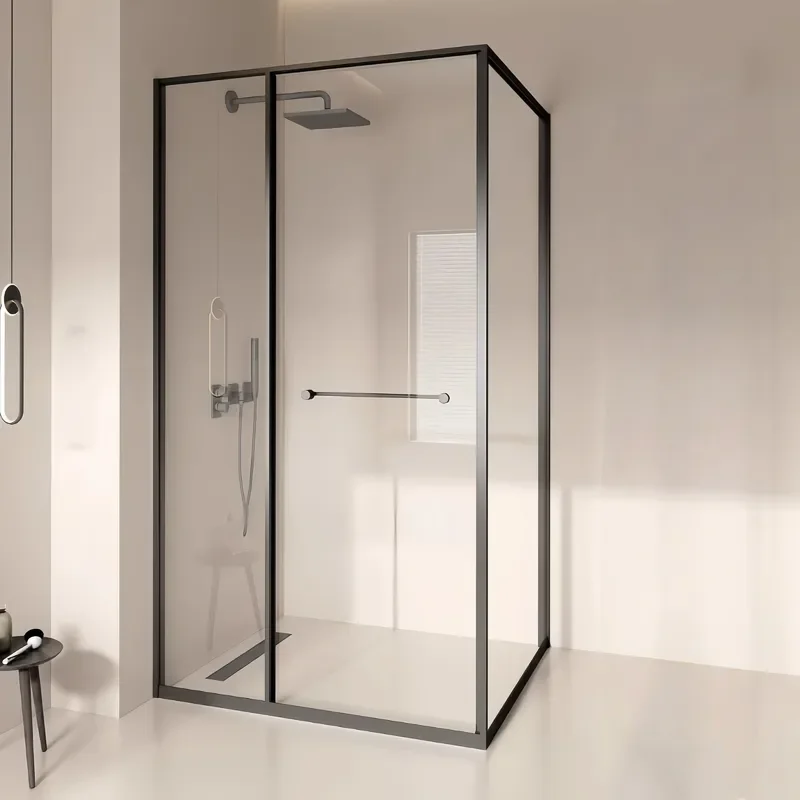 Brushed Black Square Aluminum Sliding Shower Door Frameless Walk In Glass Partition For Hotel Bathroom Modern Minimalist