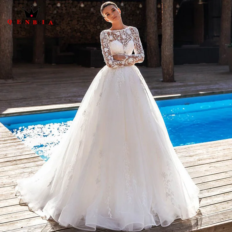 Vestido de novia de manga larga con cuello redondo, vestido de tul con encaje, elegante, con apliques, hecho a medida, DE18, 2023