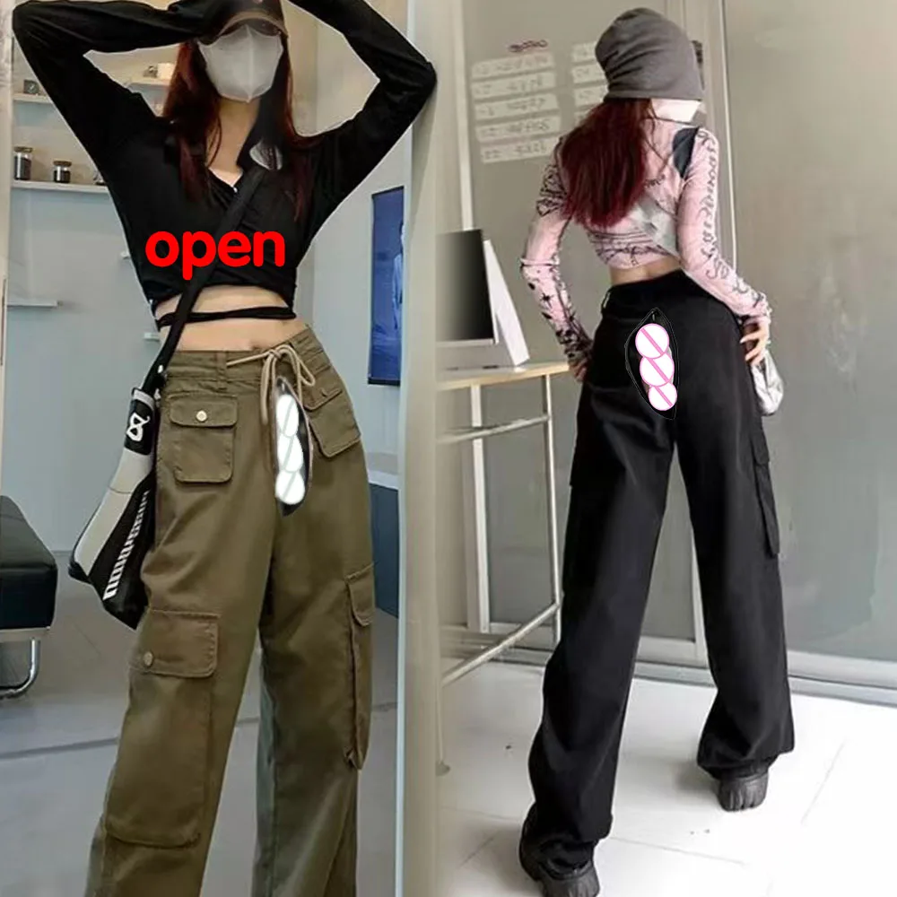 

Outdoor Sex Open Crotch Wide Leg Overalls Women Autumn Cotton Plus Size Vintage Casual Streetwear Korean Baggy Flare Pants