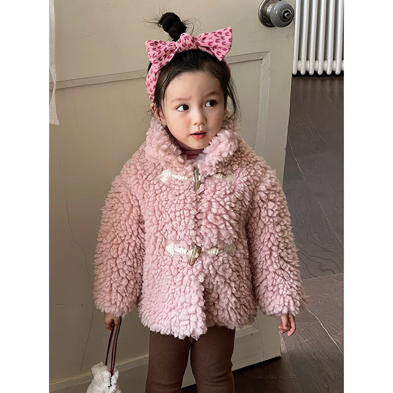 Baby Girls Pink Wool Coat Children 2024 New Autumn Winter Fashion Simple Casual Warm Coat 2-6 Years Old Kids Clothes Coat