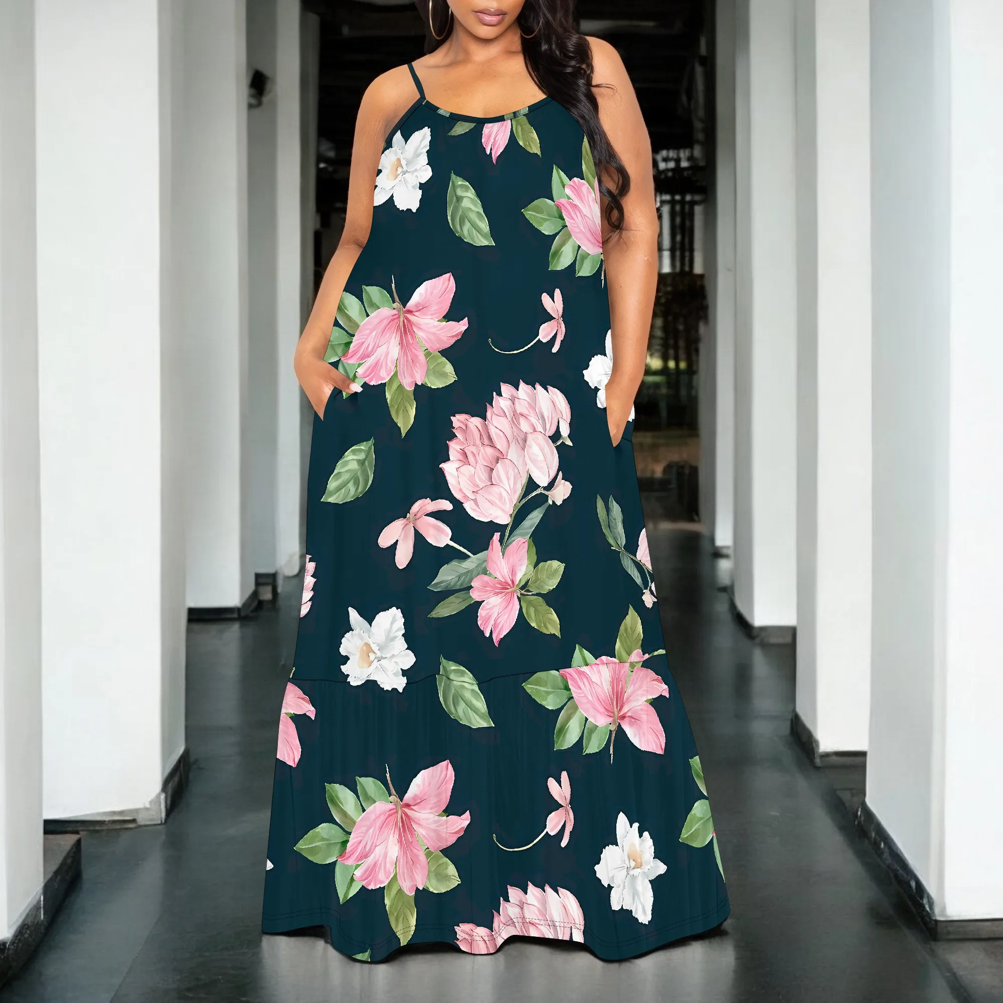 

Green Sleeveless Floral Maxi Dress for Women Soft Elegant Sundress for Spring Summer Vacation