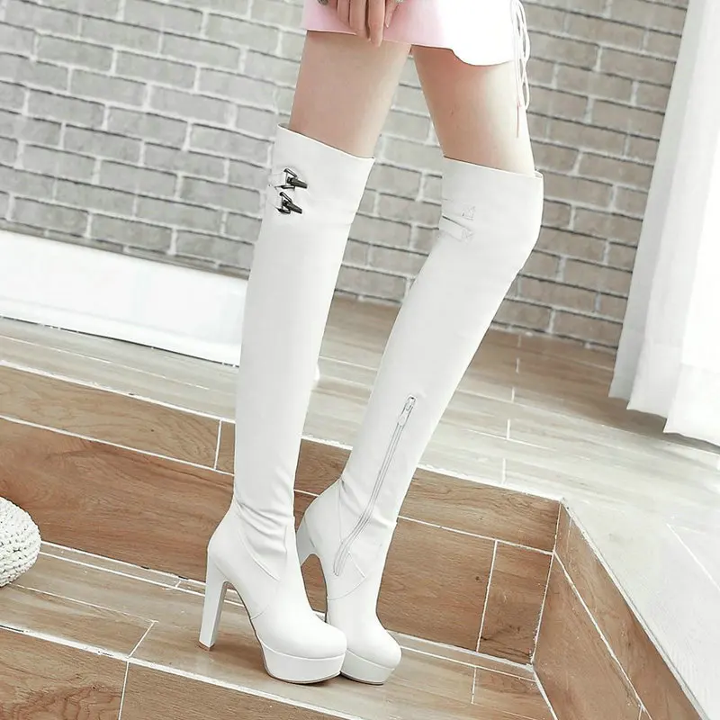

Soft PU White Overknees for Woman Winter Shoes Lady Round Toe Thick High Heels Platform Sexy Long Over-the-knee Stretch Boots