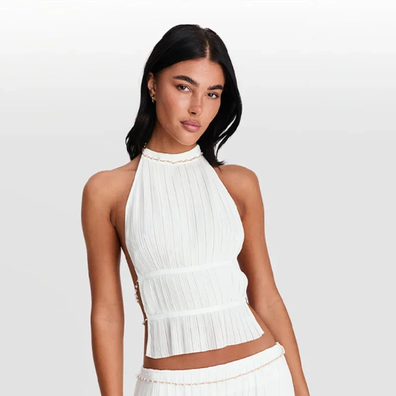 

Pearl Neck Strap Sleeveless Backless Two-piece Skirt O-neck Expose The Navel Top Mesh Skirt Edge Elegant Mini Skirts Sexy Outfit