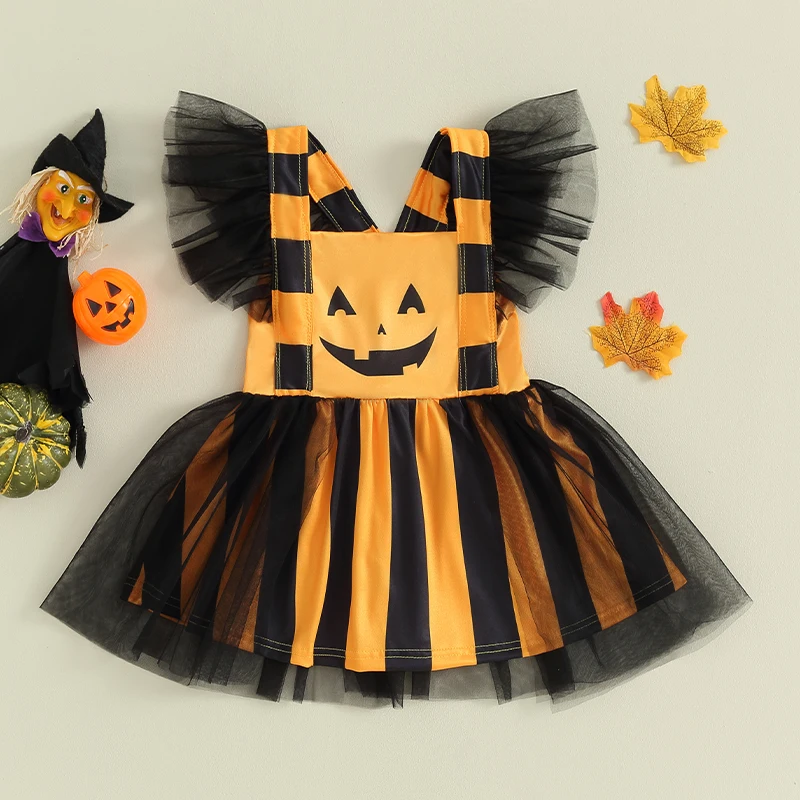 

2023-08-23 Lioraitiin 6M-3Y Baby Girls Princess Dress Halloween Pumpkin Stripe Print Suspender Dress Party Clothes