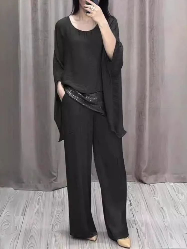 Elegant Women\'s Suit Casual Batwing Sleeve Blouse Top With Wide Leg Pants Fashion 2 Piece Set Party Outfits 2024 New Autumn