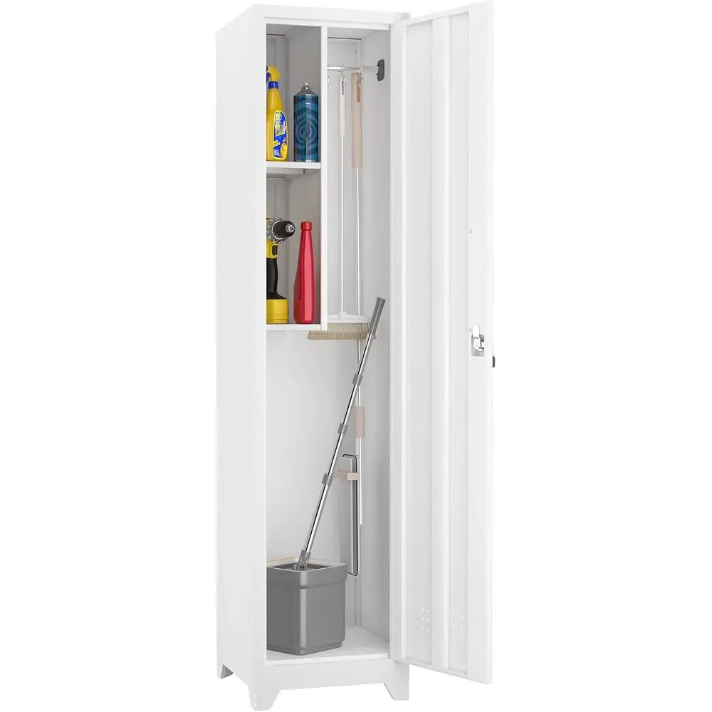 

65 Tall Slim Storage Cabinet with Locking Door, 2 Shelves, Hanging Rod, and Hooks, White