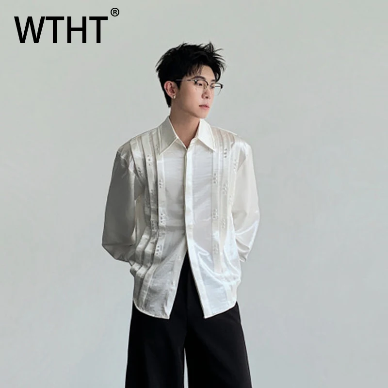 WTHT Fashion Men's Heavy Industy Solid Color Spliced Pearl Shirts Trendy Lapel Single Breasted Loose Top Male 2026 Spring 2A2626