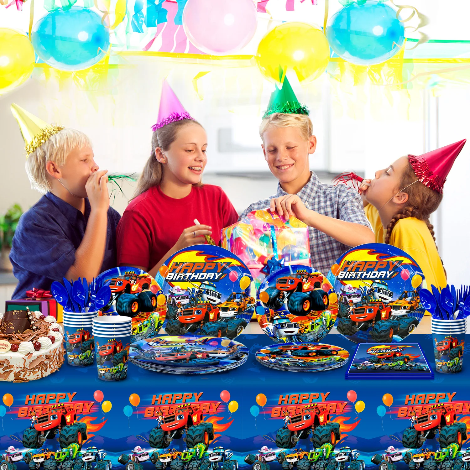 Monster Truck Birthday Party Supplies,113pcs Tableware Set-Monster Trucks Birthday Plates Napkins Paper Cups Tablecloth etc
