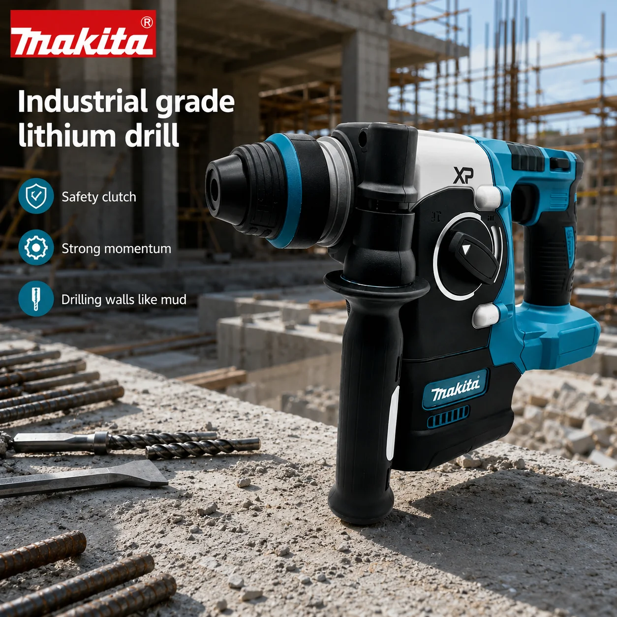 MAKITA 273 2.8J Energia de Impacto 3 Modos Embreagem de Segurança Para Perfuração de Concreto e Reforma Residencial Furadeira Rotativa SDS-Plus