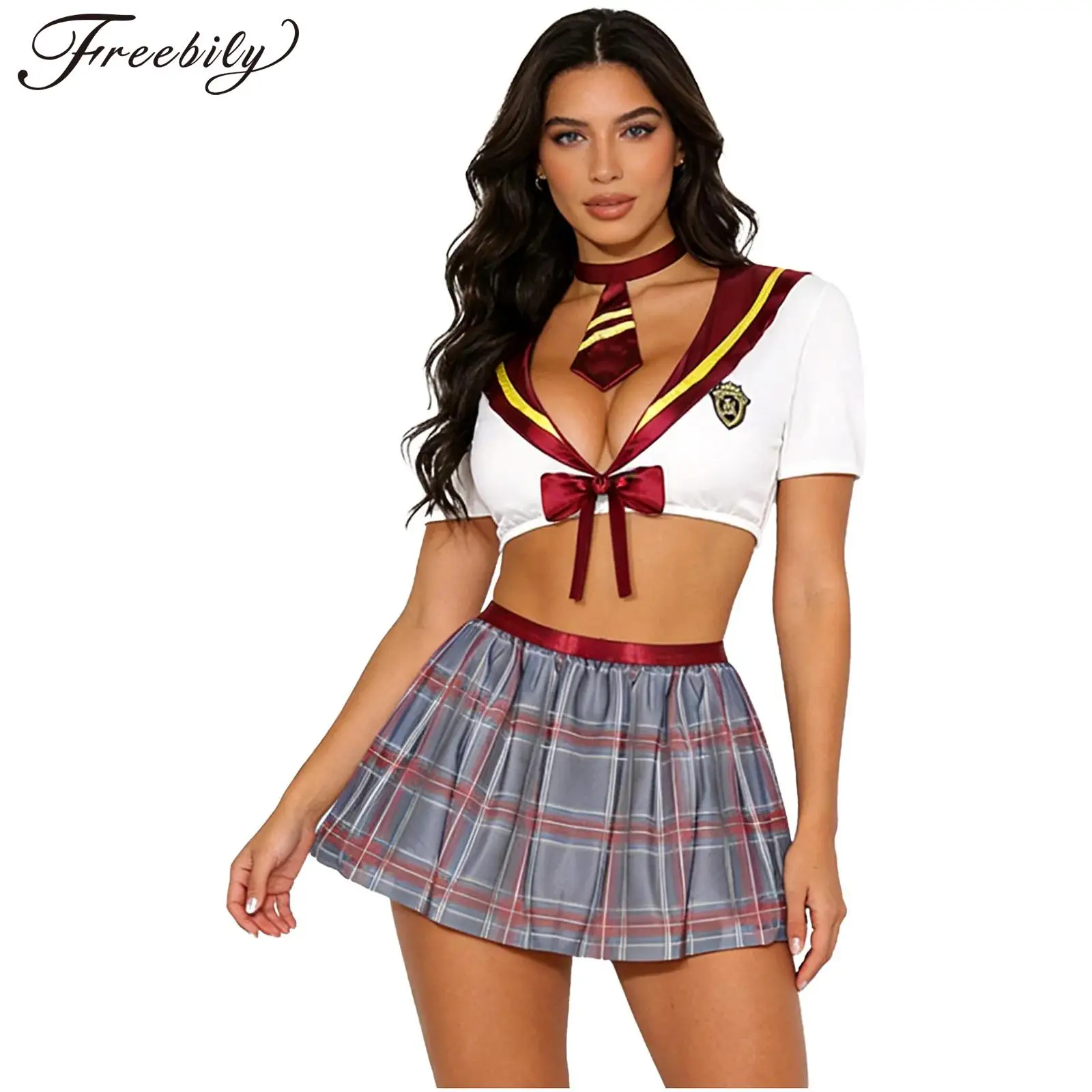 

Women Lingerie Set Sexy Schoolgirl Costume Outfits Lingerie Set Student Cosplay Roleplay Crop Top Mini Skirt Set