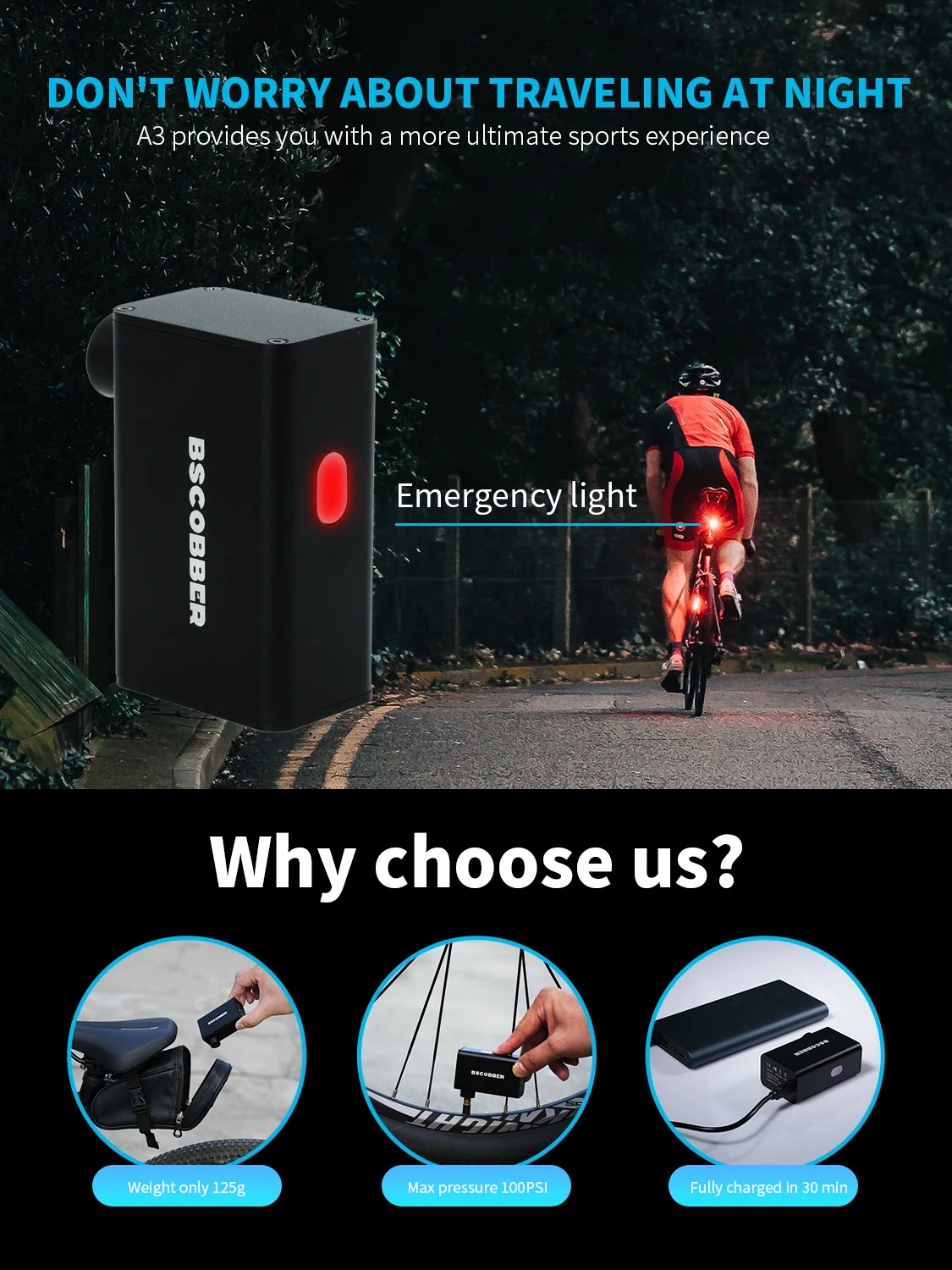 BSCOBBER Fahrrad-Zubehör Elektrische Tragbare Luftpumpe Reifenfüller Notfall-Lampe 100PSI MTB Rennrad Powerbank – Detail 2