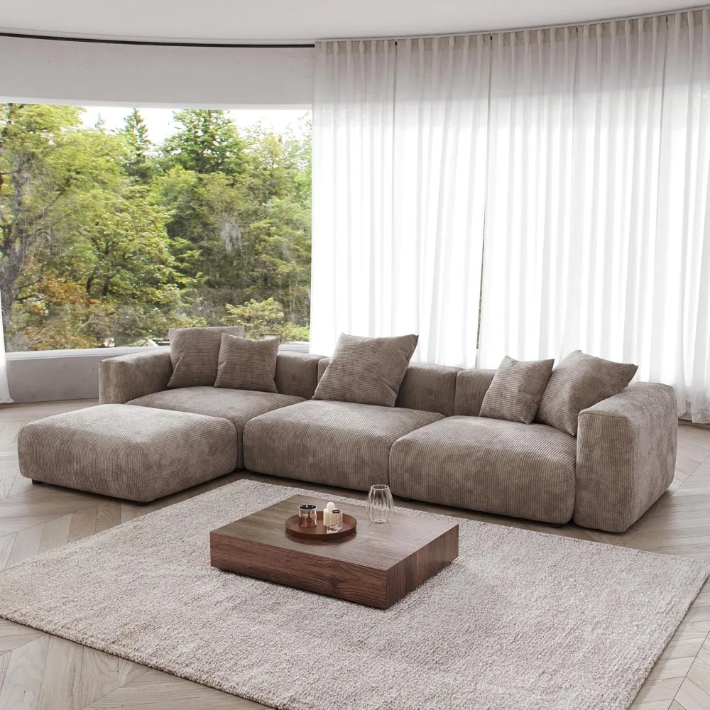 Modern Sectional Couch Sofa, Corduroy Modular Sectional Couch with Chaise Ottoman, Cushion Covers Removable