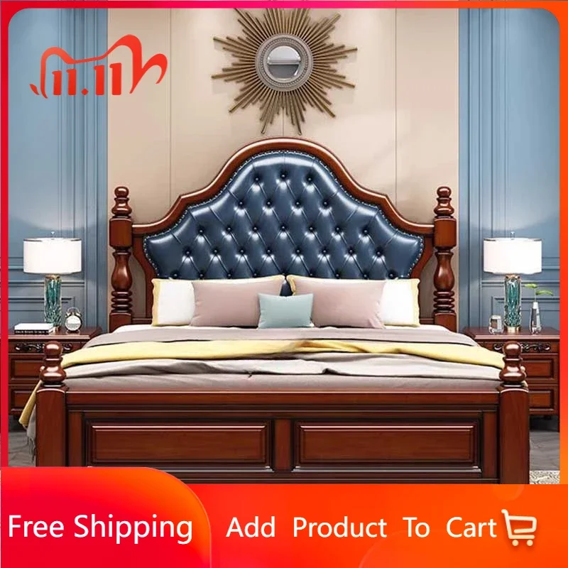 

Glamorous European Double Bed Waterproof Villa Wood Headboard Twin Bed Frame Safe Sleeping Letto Matrimoniale Nordic Furniture