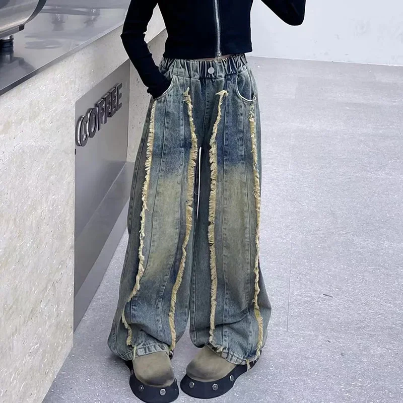 Girls' autumn fashion trendy street style personalized jeans fringed straight leg wide leg pants girls' long pants