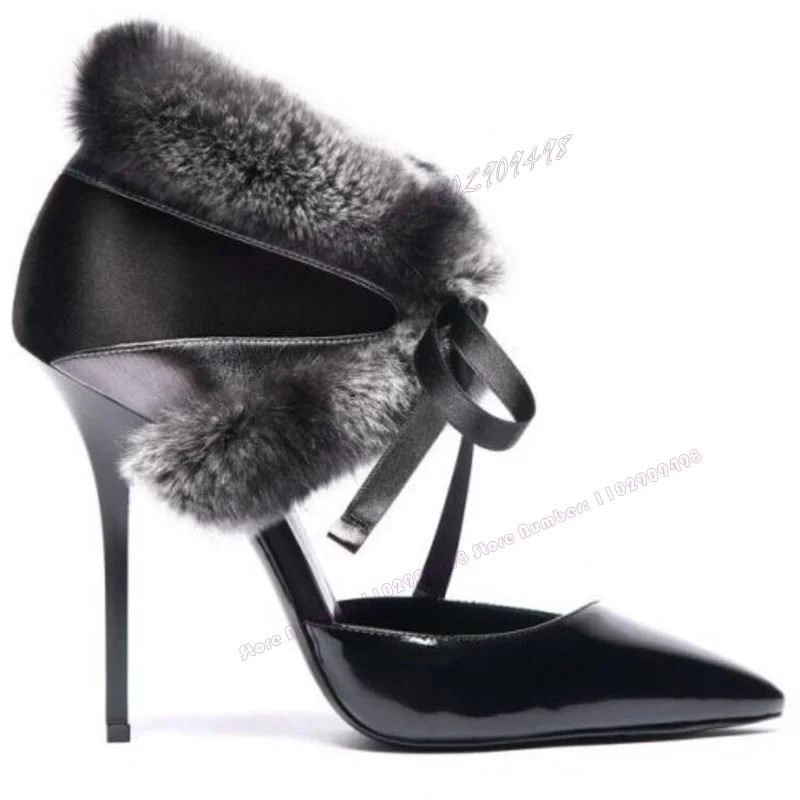 

Black Patent Leather Fur Decor Pumps Cross Tied Pointed Toe Shoes for Women Thin High Heels Sexy Shoes 2023 Zapatos Para Mujere