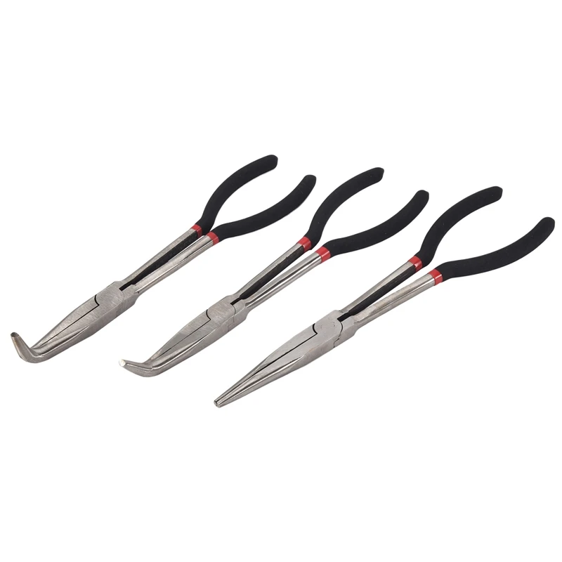 3X 11 Inch EXTRA LONG NOSE PLIERS SET STRAIGHT & BENT TIP MECHANIC GRIP HAND TOOL