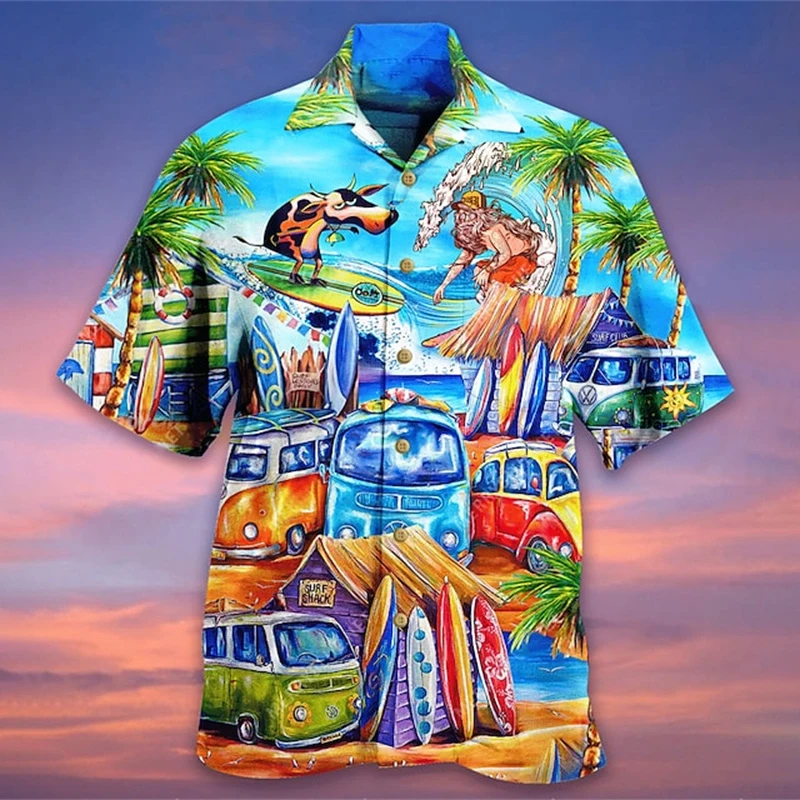 Men's Retro RV Printed Shirt Campsite Printed Shirts Men's Breathable Button Shirt Summer Lapel Shirt Men's Short Sleeved Shirts