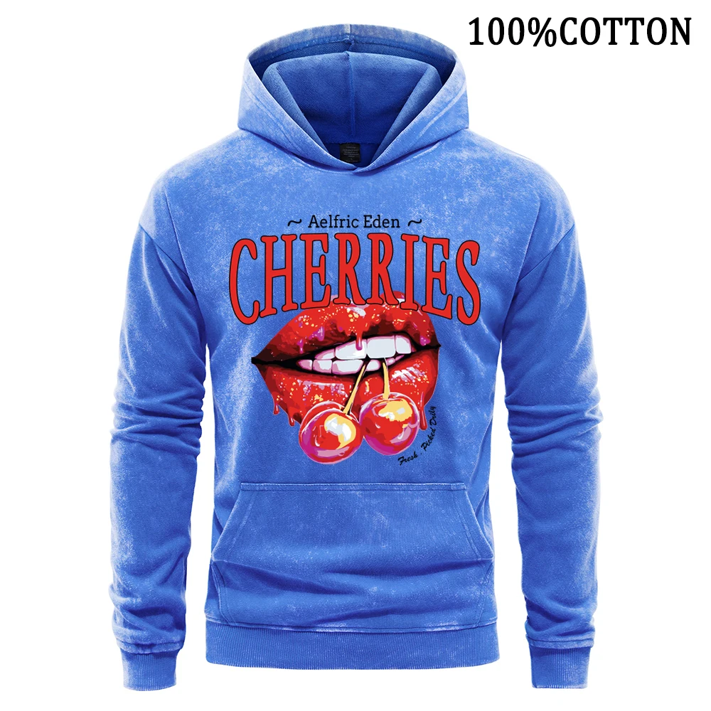 Aelfric Eden Red Lipped Cherry Men's Hoodies Retro Washed Hoodie 100% Cotton Hoody Autumn Soft Comfort Sports Shirt Fashion Tops