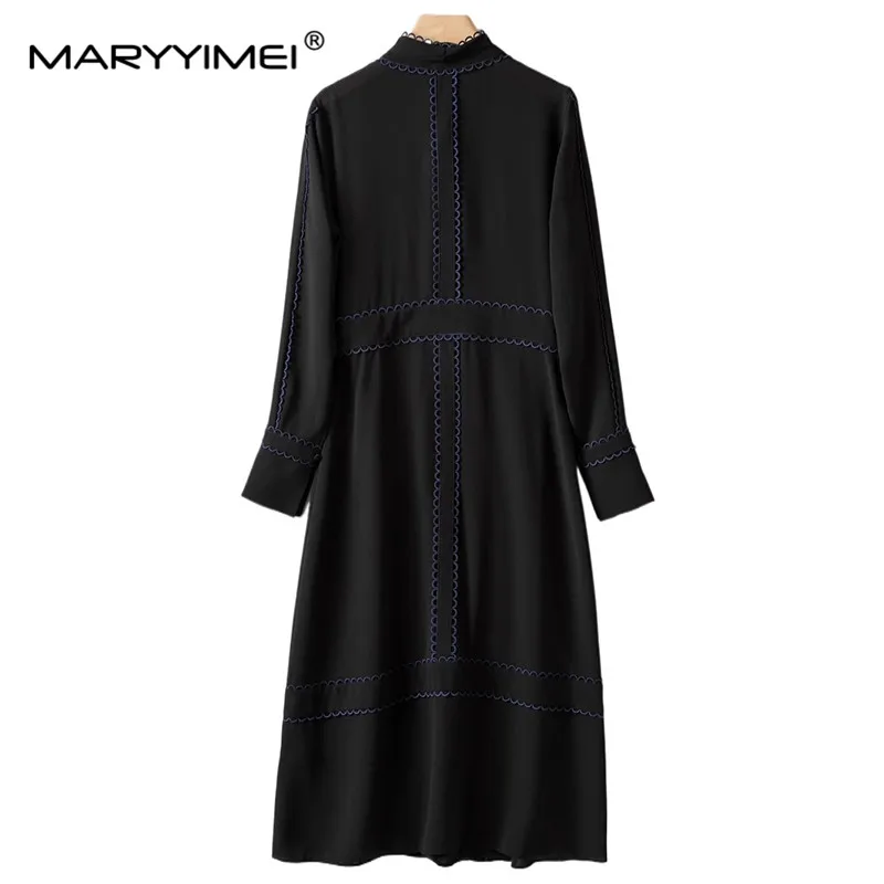 MARYYIMEI New Fashion Office Lady Dress Designer Women's Stand Collar Long Sleeve Lace Patchwork Tie Shirt Style Slim Dress