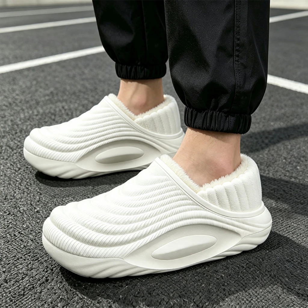 Warm Plush Waterproof Platform Winter Slippers Men's 2026 Soft Thick Bottom Non Slip Home Slippers Couple's Fleece Lined Shoes