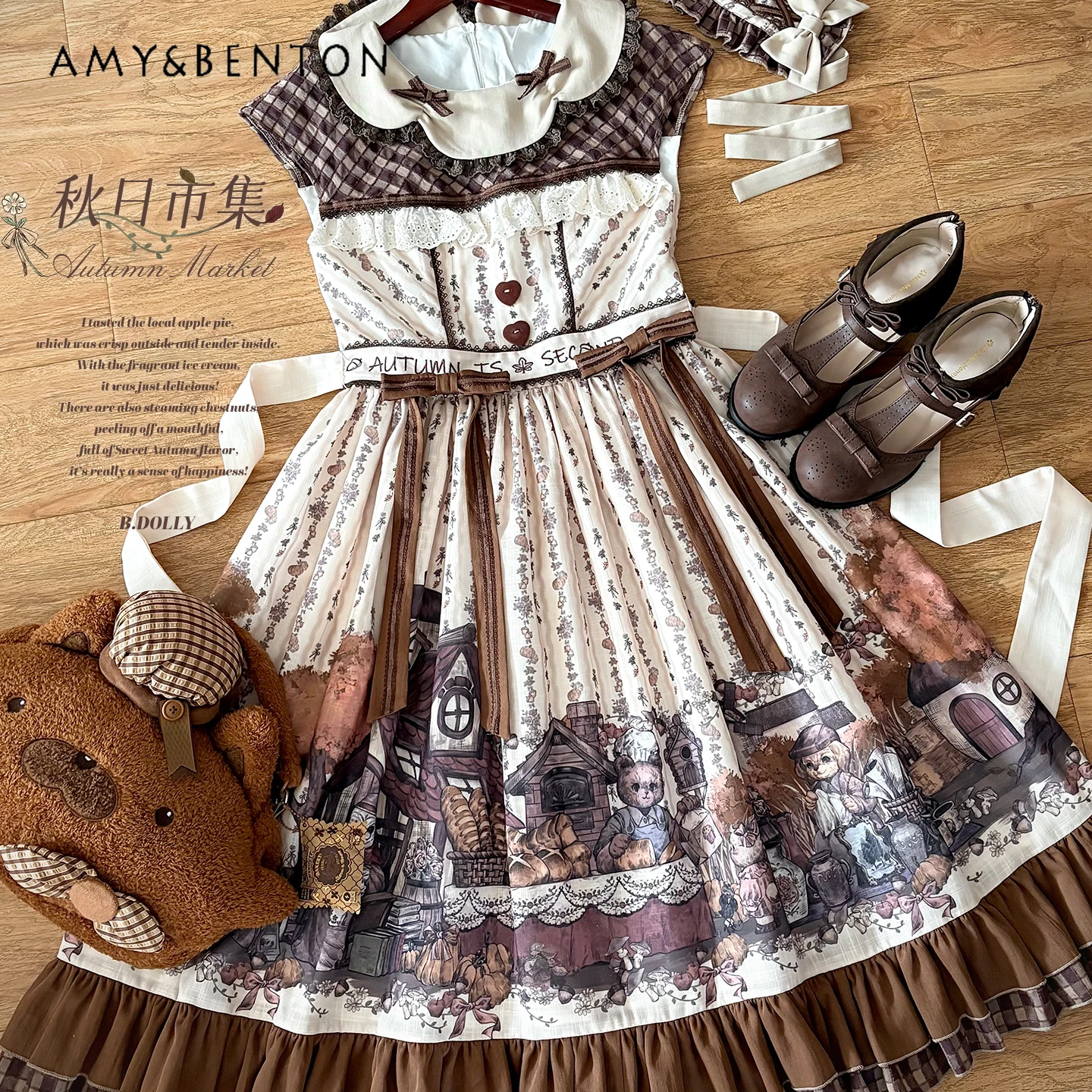Vintage Elegant CLA Style Lolita Dress Sweet Cartoon Print Doll Collar Short Sleeve Slim Mid-Length Puff Dress Princess OP Dress