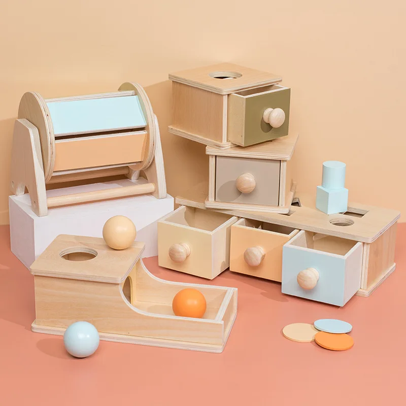 Kid Educational Toy Children Montessori Object Permanence Box Hammer Box Macaron Wooden Toys Coin Ball Textile Drum Drawer Box