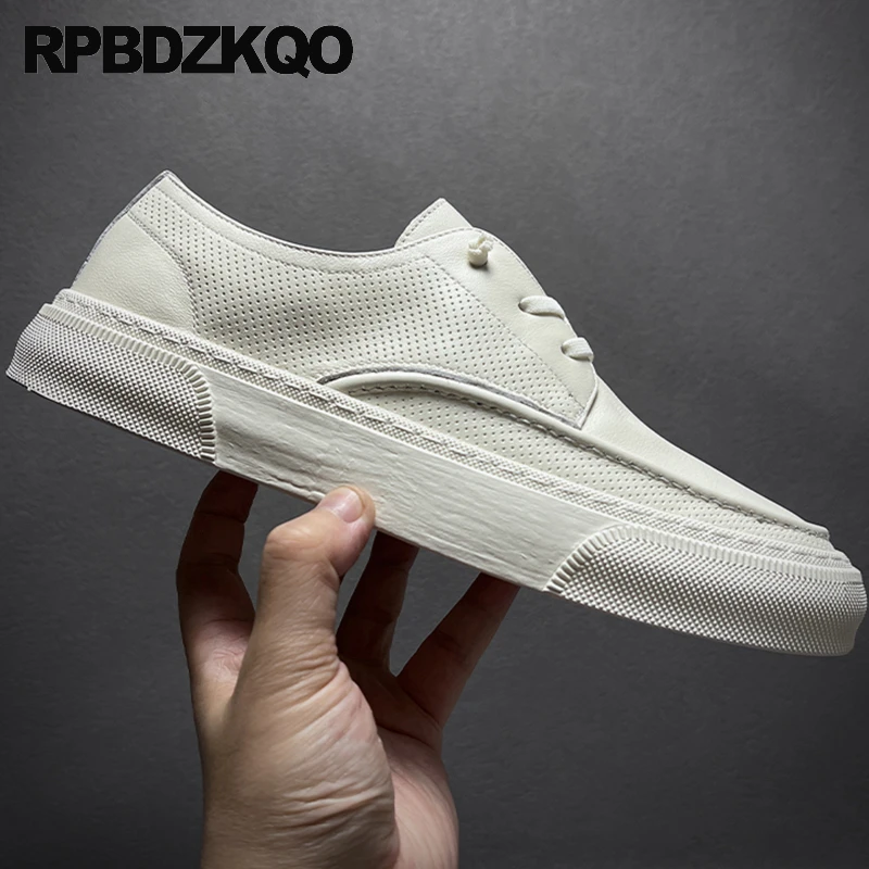 Hole Full Grain Leather Flats Round Toe Shoes Athletic Hollow Men Skate Sneakers Trainers Sport Breathable Cutout Lace Up Casual