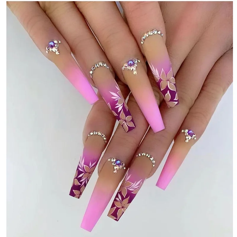 

24Pcs Long Coffin False Nails Press on Pink Purple Gradient Flower Full Cover Nails Tips with Rhinestone Wearable Fake Nails Art