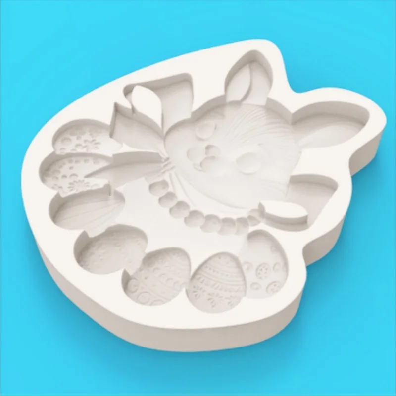 Silicone Mold for Cute Rabbit with Ribbon Bow, Featuring Bow and Beaded Necklace Easter Egg Designs, Exquisite Easter-Themed Chocolate Fondant Dessert Decoration Making Mold view 4