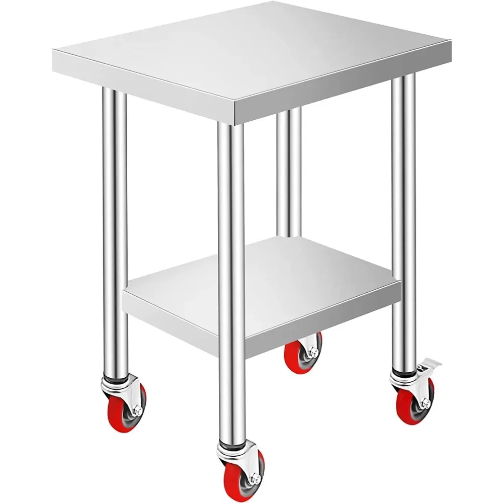 Mophorn 24x18x34 Inch Stainless Steel Work Table 3-Stage Adjustable Shelf with 4 Wheels Heavy Duty Commercial Food Prep