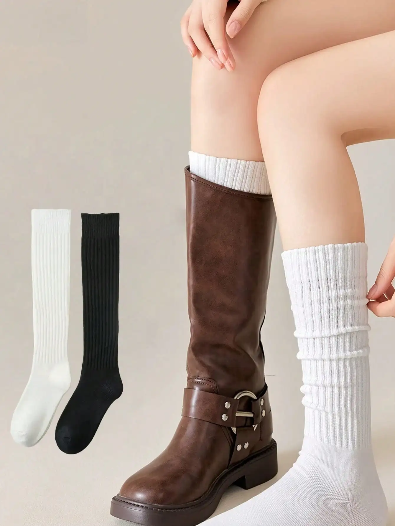 

Women's Autumn/Winter Cute Girl Style Thigh High Socks, Solid Color Basic Black & White, Suitable For Knee-High Boots/Shoes, Create A Slouchy Vibe Essential Outerwear Item, Cozy Socks