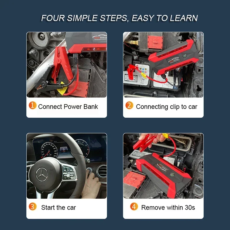 Alimentation de démarreur de voiture avec 4 prises de charge, lumière de boussole allumée, adaptée à la batterie de voiture et au chargement de téléphone portable, 30000 mAh