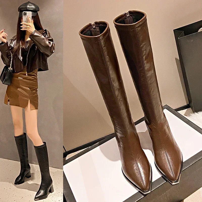 New Knee-high Boots 2024 Winter Warm High Heel Women Boots Fashion Pointed Zip Lady Shoes Trend British Style Shoes Botas Mujer