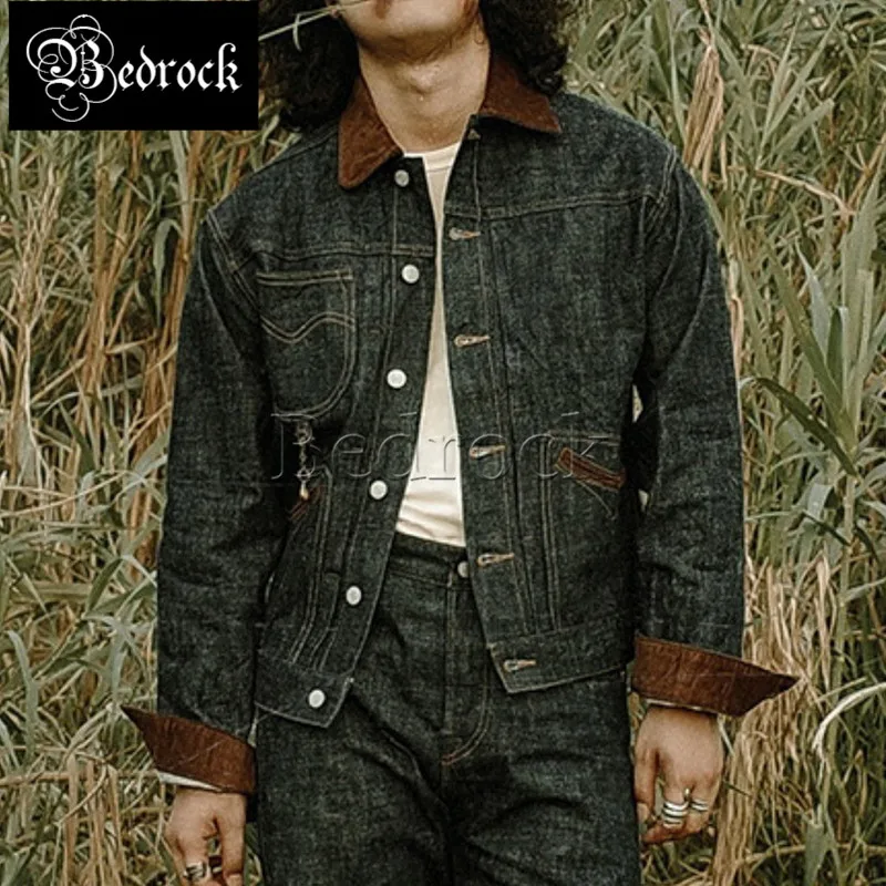 MBBCAR 14.9oz Heavy Vintage Raw Denim Jacket Men Deep Blue Selvedge Denim Splicing Corduroy Official Onewash Jean Jacket 3145