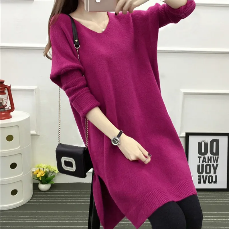 

2020 New V-neck Long Sleeve Sweater Dress Women Autumn Winter Loose Tunic Knit Pullovers Sweater Casual Knitted Dresses NS4636