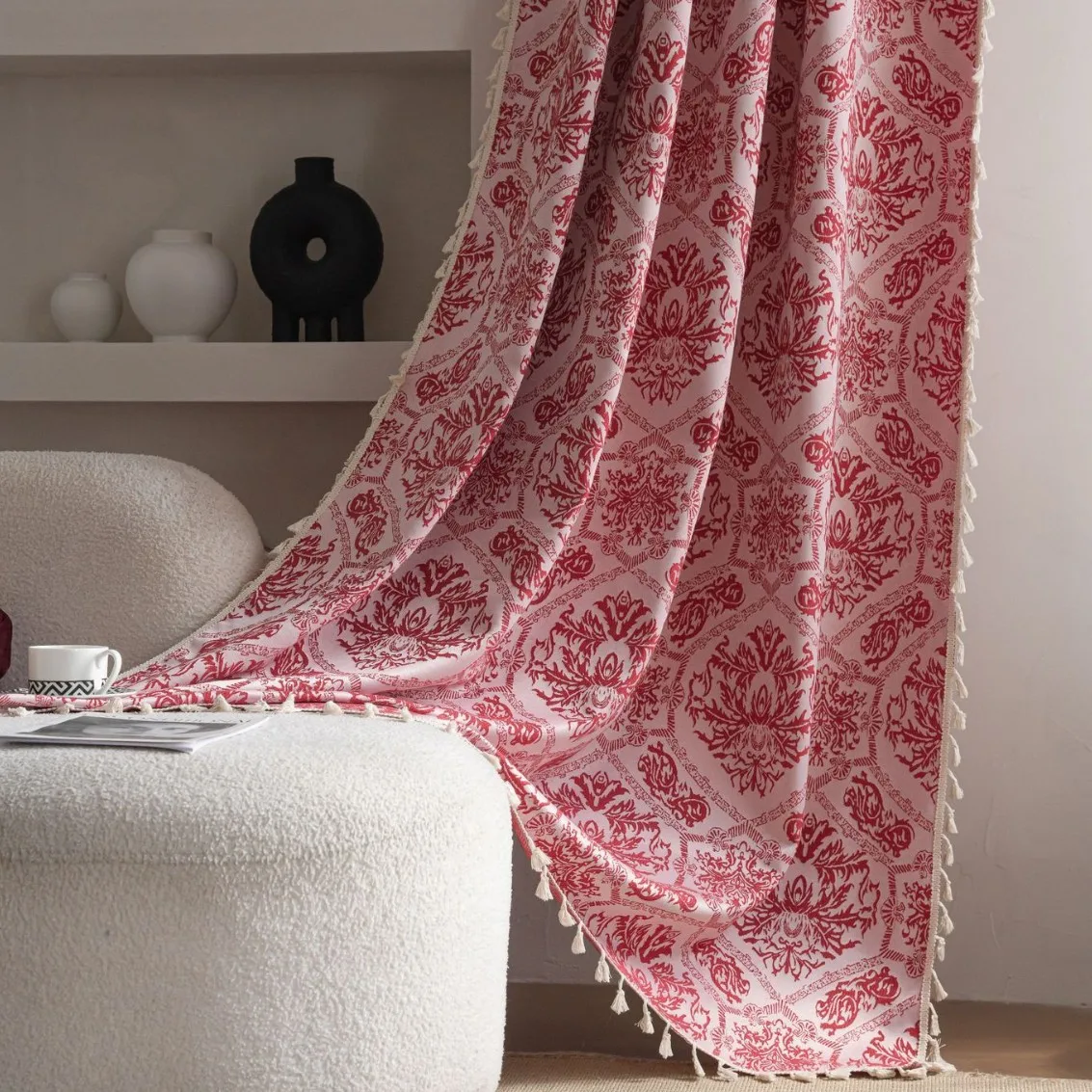 

French curtains retro style jacquard red off-white small fresh curtains finished tassels half blackout