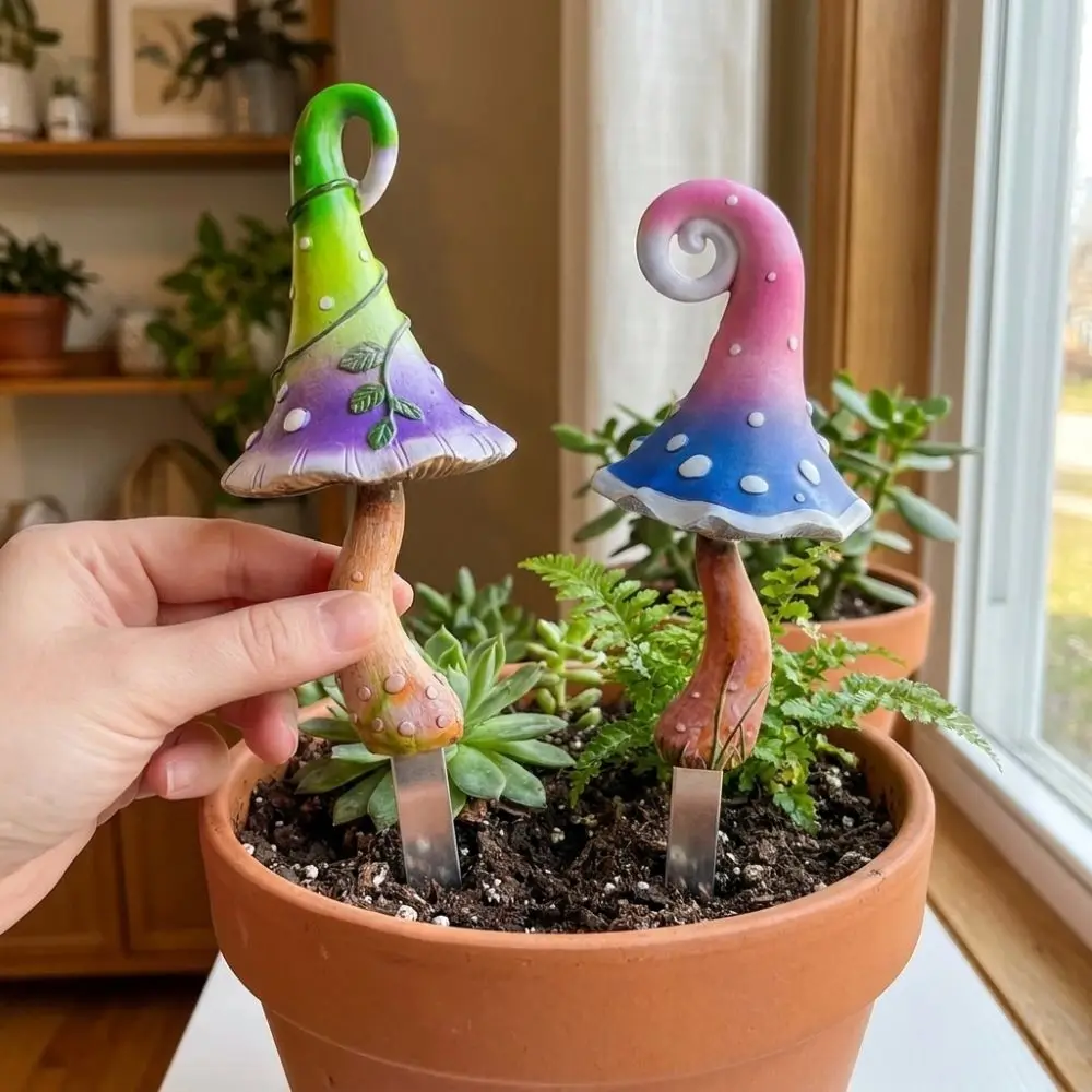 1 Pair 2D Flat Colorful Mushroom Metal Garden Stake Gradient Polka Dot Vintage Hand Painted Mushroom Potted Landscape Stake