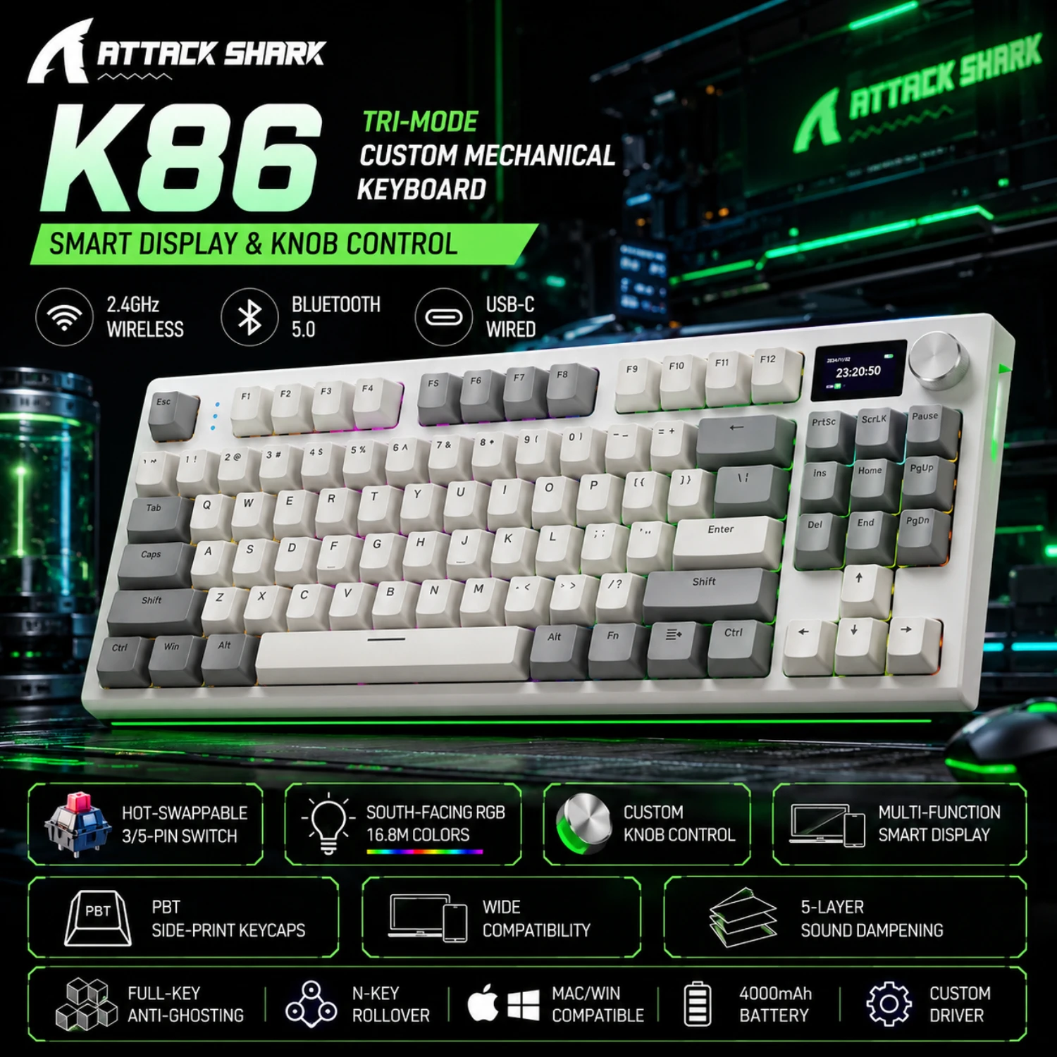 ATTACK SHARK K86 Pro 75% Mechanical Keyboard | 1.2" TFT HD Display & CNC Knob, 27 RGB Effects, TTC Hot-Swap Linear Switches