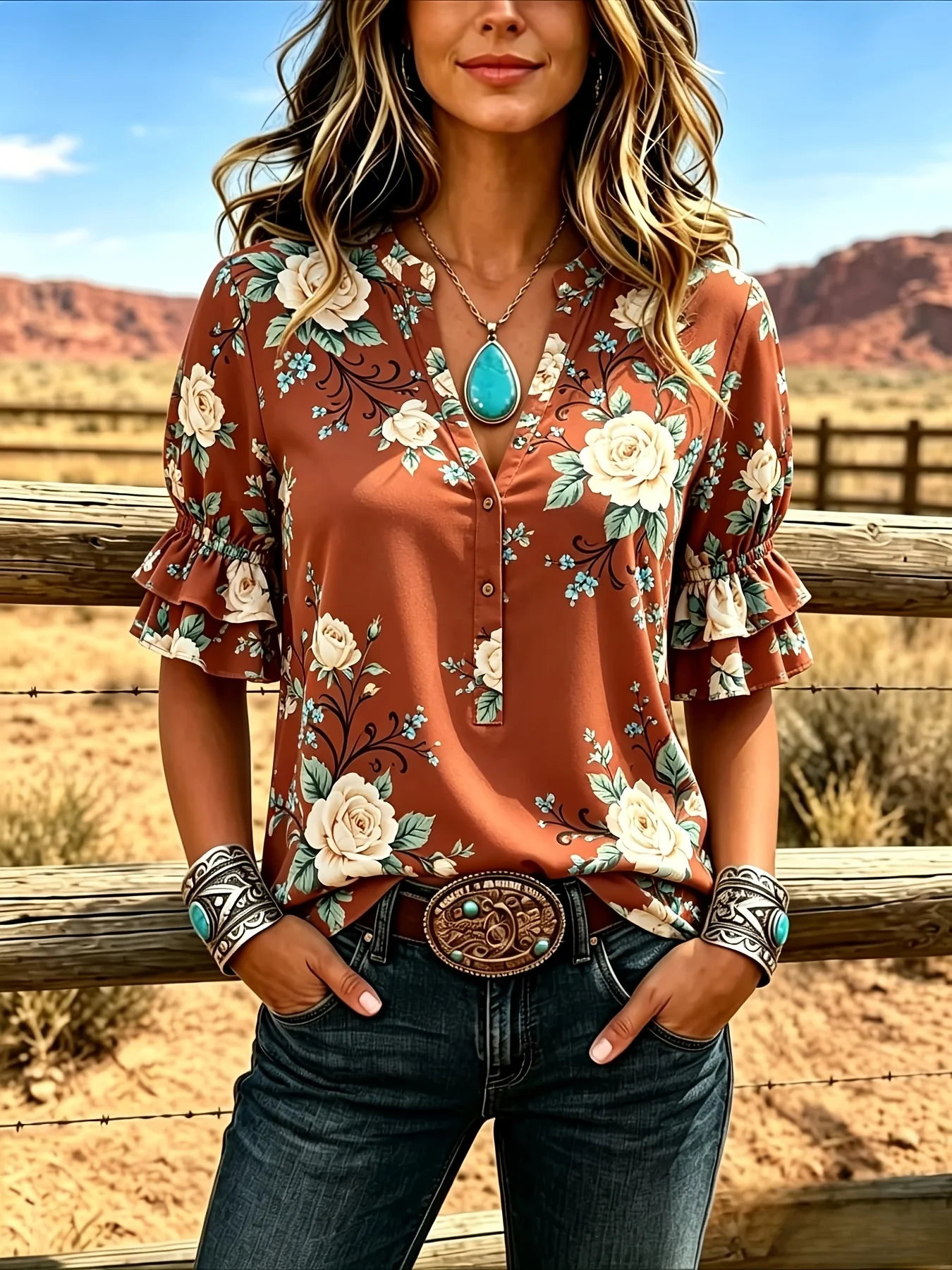 Retro Western Women Blouse Notched V‑Neck Half‑Button Double‑Layer Short‑Sleeve Vintage Garden Floral Print Loose Boho Shirt