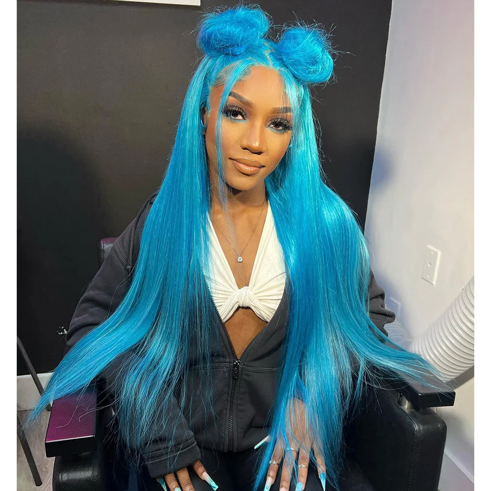 Linhua Sky Blue Colored 5x5/4x4 Lace Closure Wig Transparent Lace Peruvian Straight 210% Remy #613 13x4/13x6 Lace Frontal Wig