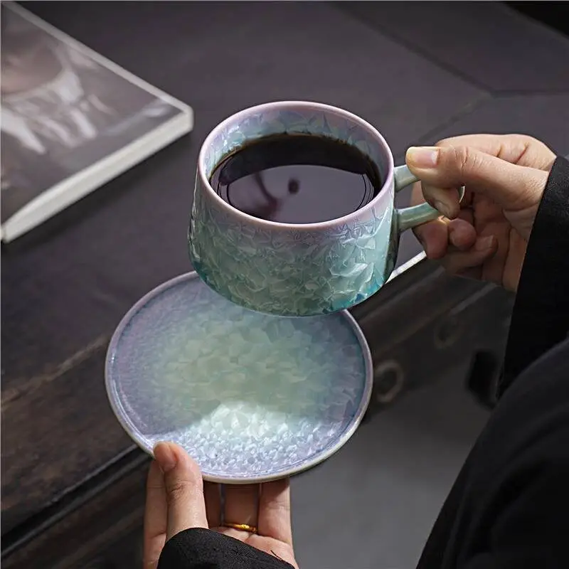 YFY crystal glaze ceramic teacup gentle wind gradual change color ceramic teacup coffee cup with tray spoon set advanced sense