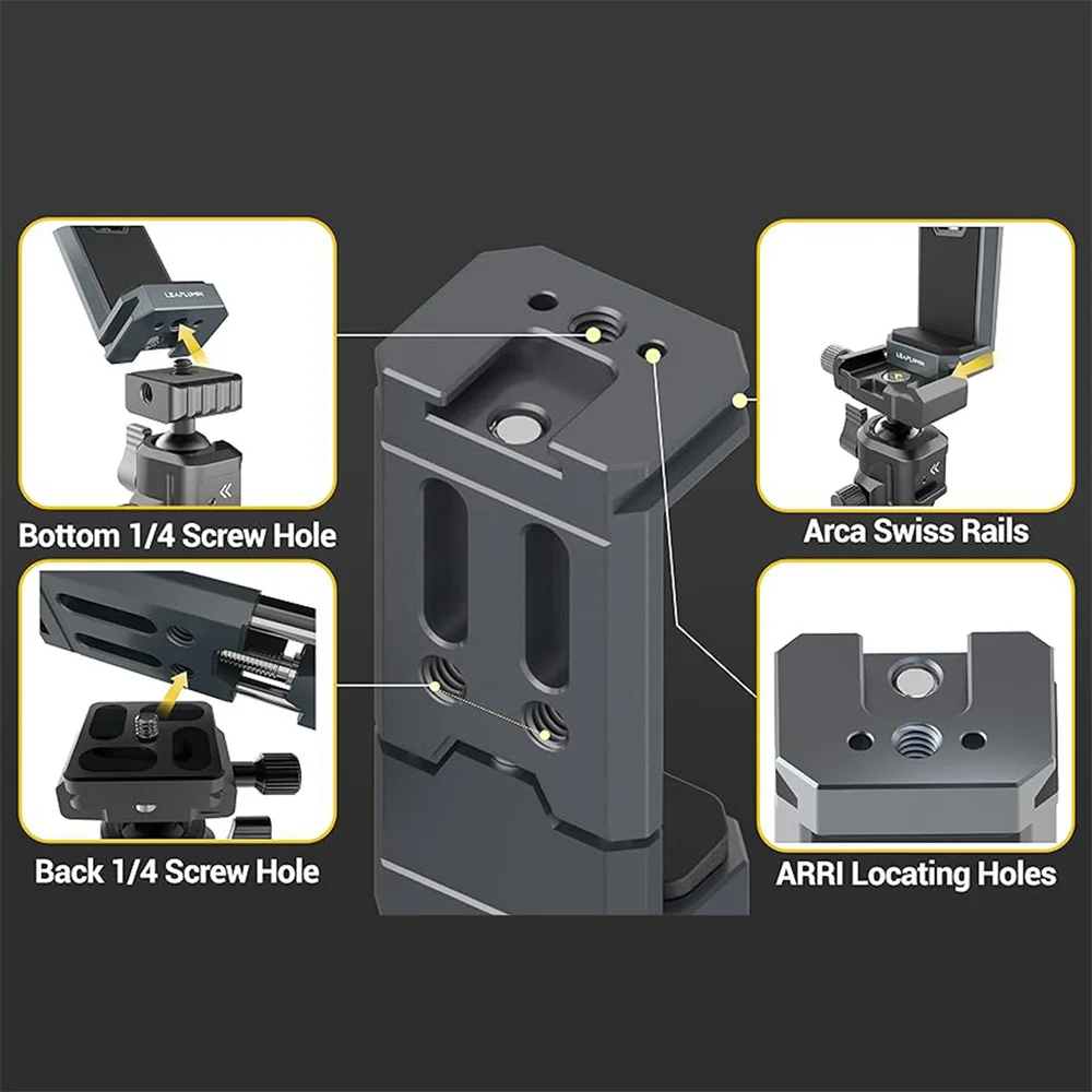 LEAPLIGHT Metal Phone Holder Tripod Mount w Cold Shoe & Arca Swiss Quick Release Plate Clamp for iPhone 16/15/14 /13/12/ Samsung