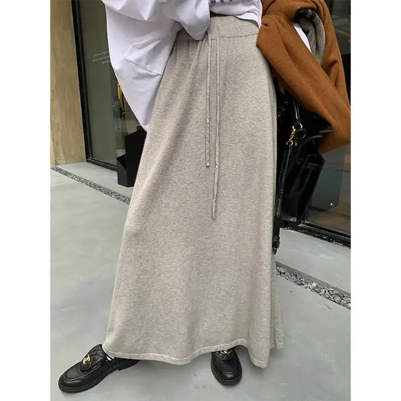 

Elegant Solid Knitted Maxi Skirts Women Autumn Winter Casual High Waist Lace-Up A Line Skirt Female Loose Casual Streetwear T790