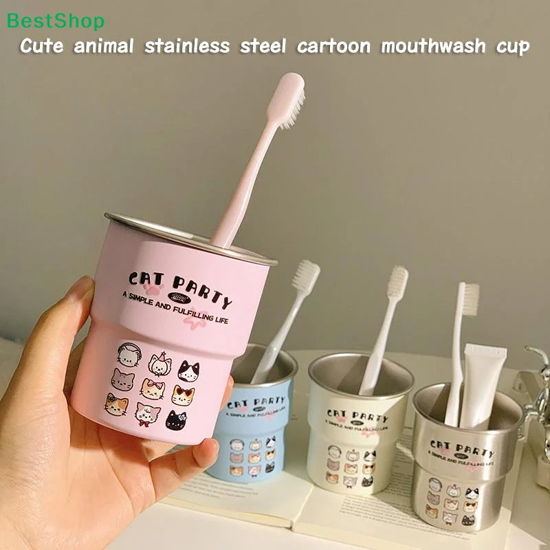 ✍Cat Party Stainless Steel Coffee Cup, Cute Cartoon Cat Pattern Stackable Toothbrush Cup for Bathroom