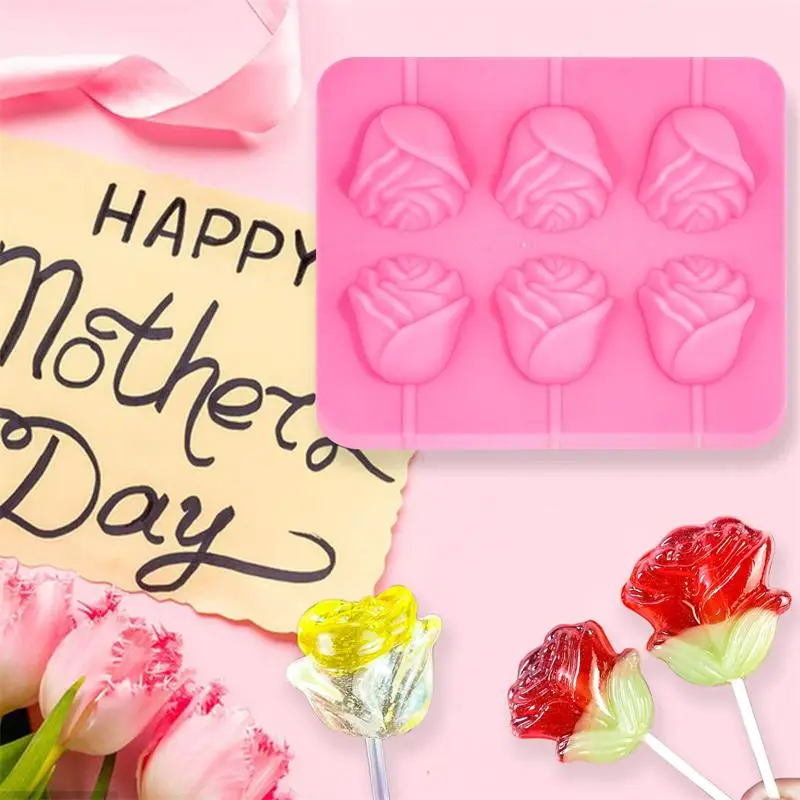 3D Rose Flower Lollipop Mallen 6 Rose Cheese Stick Siliconen Mal Lollipop Chocolade Taart Decoratie Bakvorm Keuken Tool DIY