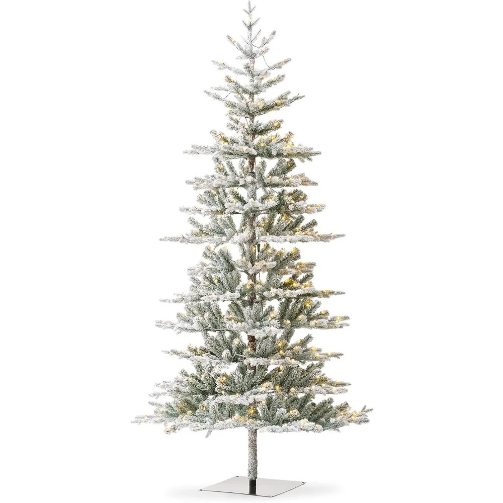 8ft Flocked Fir Artificial Christmas Tree, with Easy Assembly Metal Stand, with 450 Warm White Lights , Large Xmas Tree