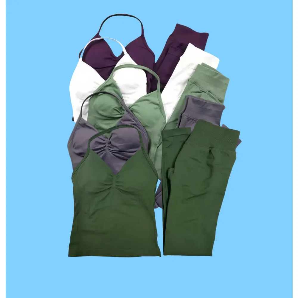 

More 2025 Ladies Gym Training Leggings and Neck Tank Yoga Fitness Seamless Pilates Clothing Workout Sportswear 2-Piece Yoga Set