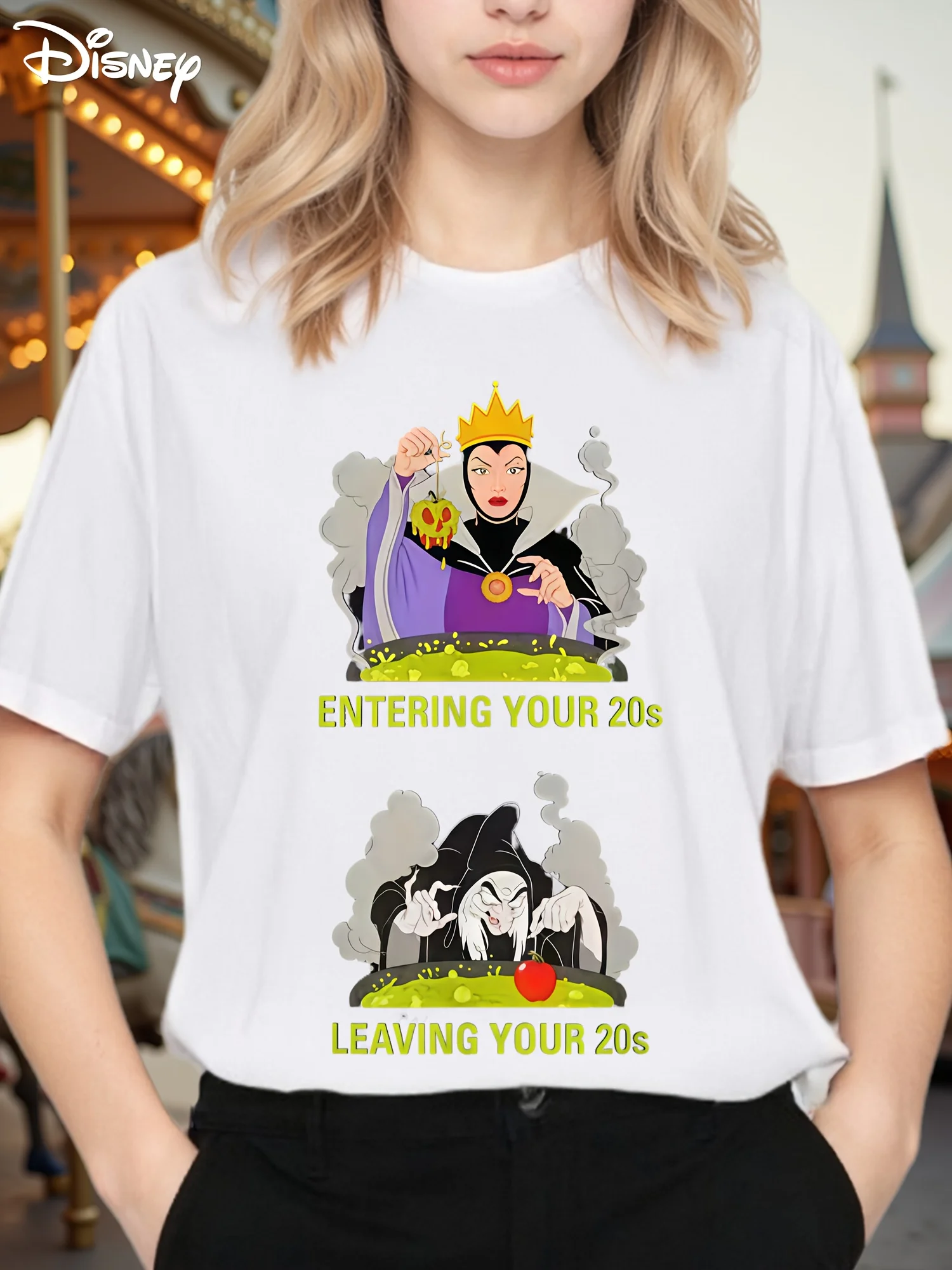 

Disney Evil Queen T-shirt - Snow White Villain Themed Shirt with Iconic Evil Queen Elsa Style Pattern, Casual Round Neck