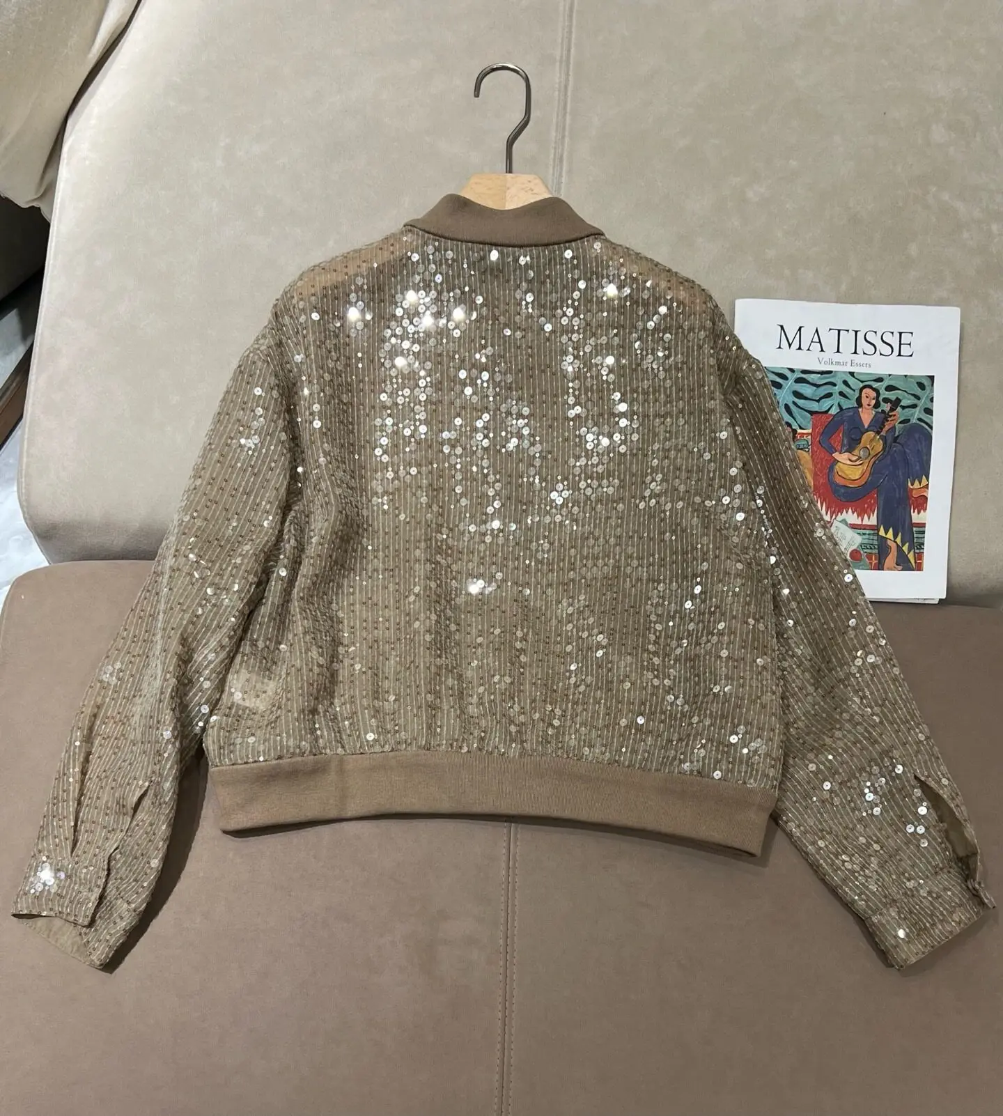 2026 Women's New Heavy Industry Sequined Silk Knitted Collar Jacket Baseball jacket