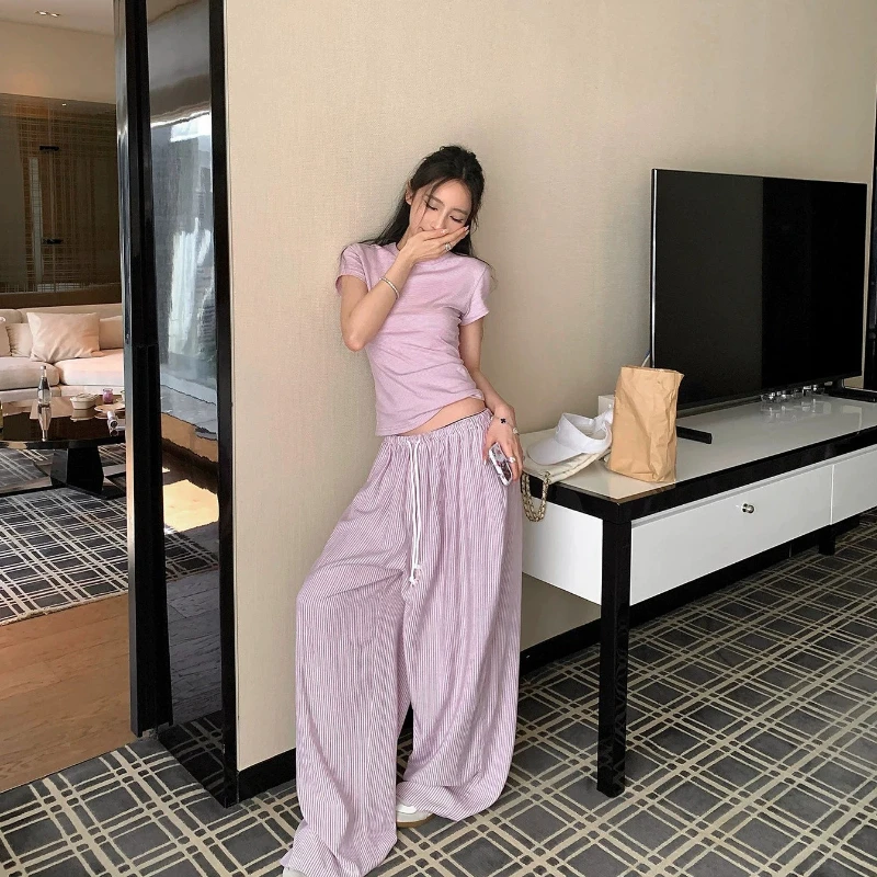 2026 Autumn New Hot Selling Spicy Girl Style Simple Loose Short Sleeved T-shirt and Striped Wide Leg Pants Two-piece Set